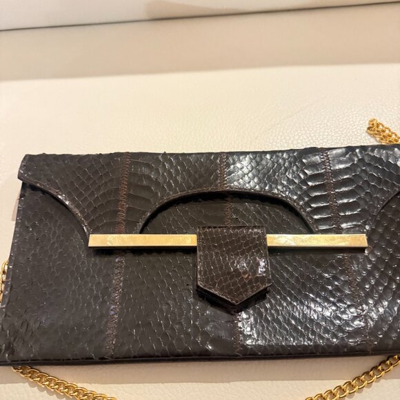 STUNNING VINTAGE GENUINE SNAKESKIN EXOTIC LEATHER CLUTCH / SHOULDER BAG BROWN - Picture 4 of 9